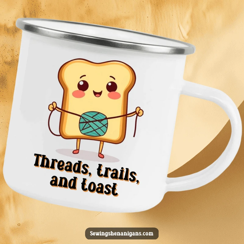 Funny Camping Mug with a smiling toast character skipping rope, designed for outdoor enthusiasts and lovers of functional, humorous drinkware.