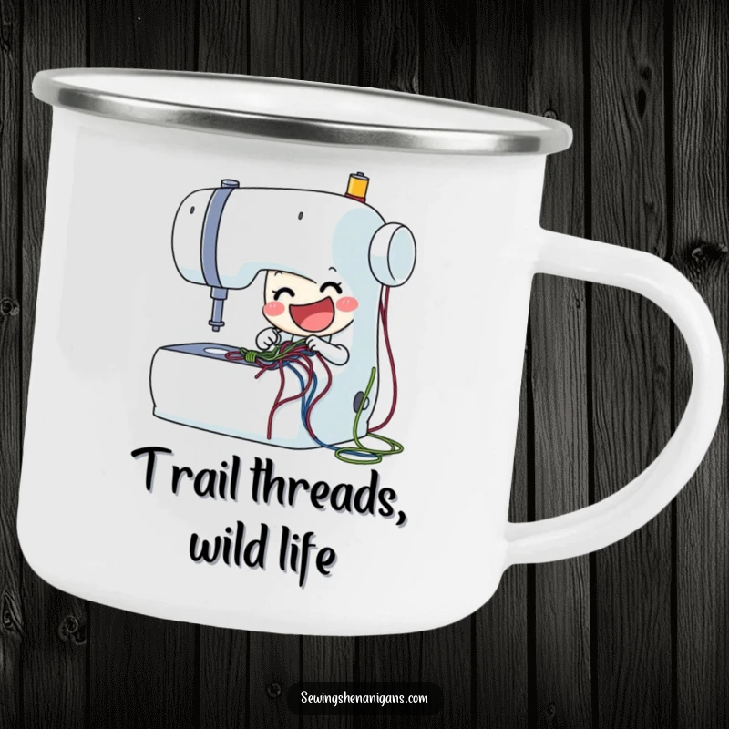 Funny sewing machine camping mug with a delighted character stitching, perfect for outdoor adventures and as a unique funny gift.