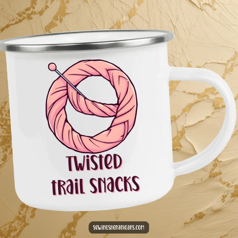 Funny Camping Mug: A determined thread hilariously twists a needle into a pretzel, perfect for outdoor crafting.