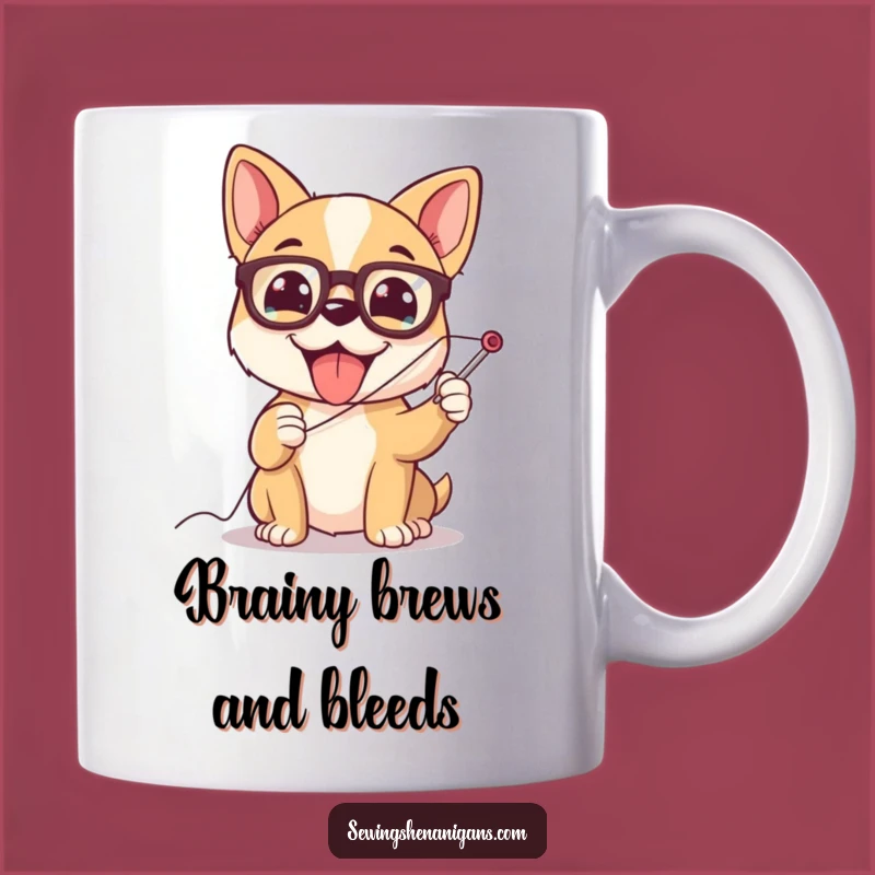 Funny Dog Sewing Mug: Spectacled Pup Struggling with Needle, Hilarious Gift for Crafters