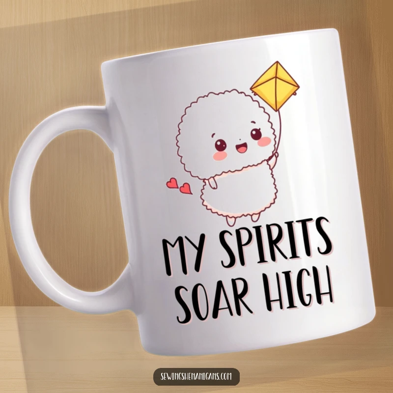 Funny Mug: A happy pincushion flies a fluffy fabric scrap as a kite, showcasing sewing fun and freedom.