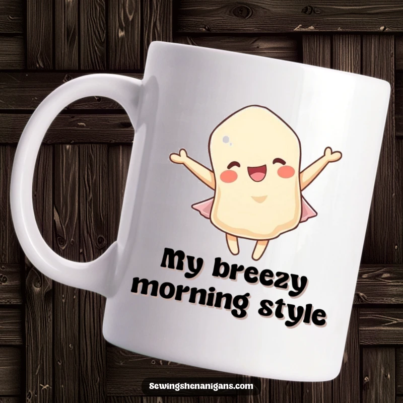 Funny mug: A delighted fabric scrap character joyfully fluttering in a soft, gentle breeze, spreading cheer.