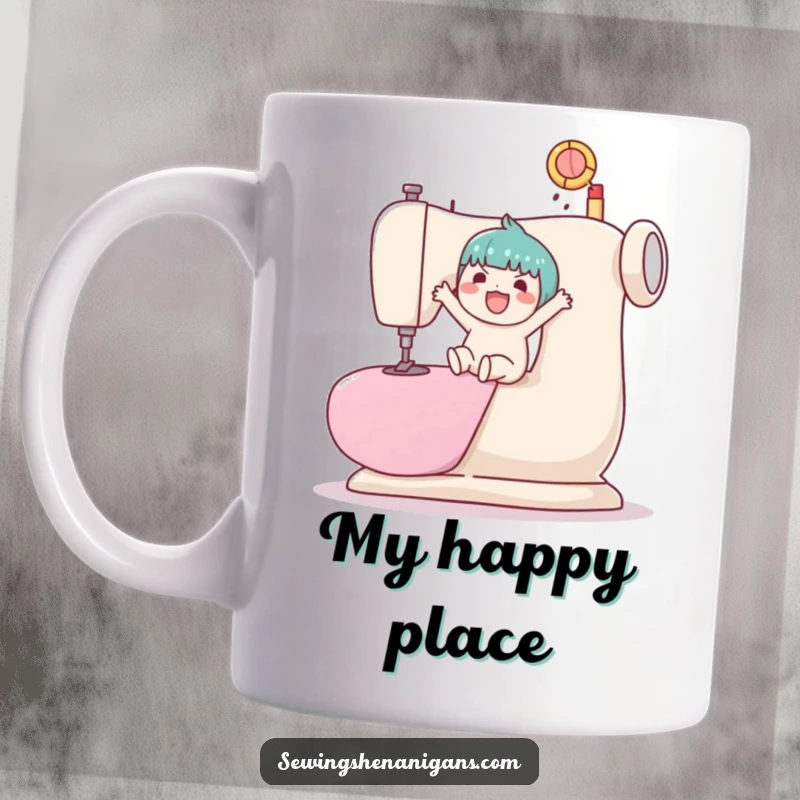 Funny Kawaii character happily bouncing a ball while perched precariously on a giant, oversized sewing machine.