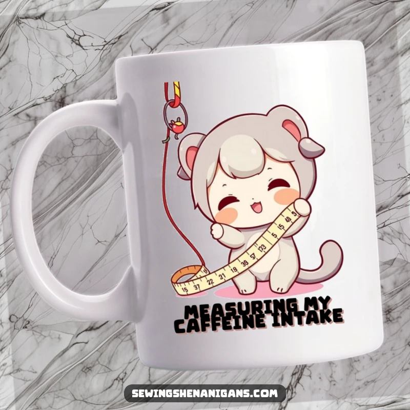 Funny mug featuring a character playfully hitting a dangling measuring tape, embodying the fun of crafting and measurement.