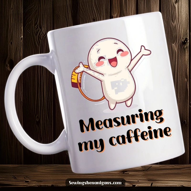Funny Measuring Tape Mug showing a cheerful character stretching out with a wide, delighted grin, embodying sewing fun.