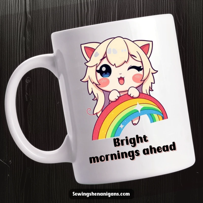 Funny, artistic mug showing a delighted character stitching a bright rainbow with a magical, glowing thread.