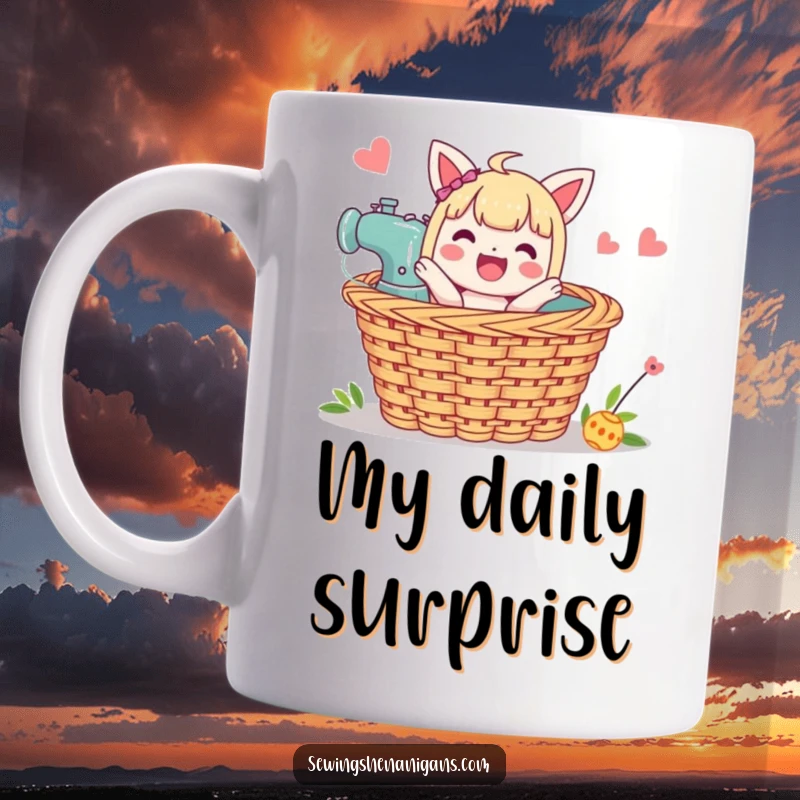 Funny Sewing Basket Mug: A character joyfully pops out of a sewing basket, full of energy and surprise.