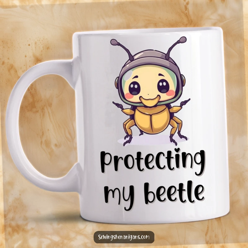 Funny mug showing a bewildered beetle wearing a thimble as a helmet, ready for adventure with comical bravery.