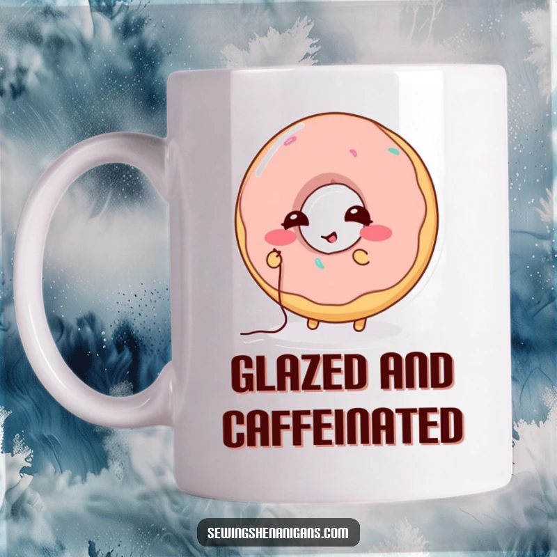 Funny Donut Stitching Mug: A giggling donut character humorously attempts to stitch a hole with thread, perfect for a funny gift.