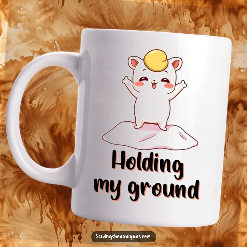 Funny Pattern Weight Mug showing a charming character striking a theatrical pose on a piece of fabric, embodying sewing drama.