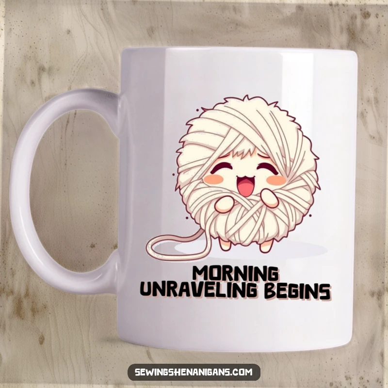 Funny mug showing a fluffy yarn ball comically unraveling into a messy but charming heap, a metaphor for creative chaos.