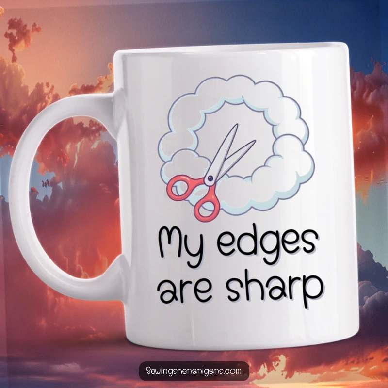Funny Mug: Scissors humorously attempt to cut a perfectly round hole in a fluffy cloud, a surreal sewing scene.