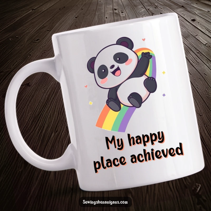 Funny Kawaii Panda mug joyfully sliding down a vibrant rainbow, radiating pure glee and happiness. Perfect for gifting.