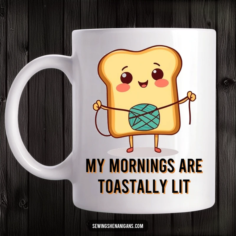 Funny Mug featuring a smiling toast character energetically skipping rope with a spool of thread, embodying pure joy and playful fitness.