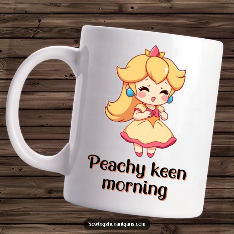 Funny Peach Dress Mug: A playful peach character enthusiastically tries on a tiny dress, perfect for a funny and cute gift.