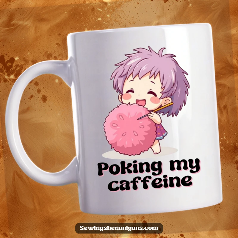 Funny mug showing a happy character gently poking a large, fluffy pom-pom with a sewing needle, a humorous crafting scene.