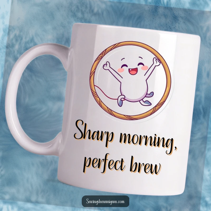 Funny needle character mug playfully leaping through a thread hoop, ideal for sewers and as a charming funny gift.