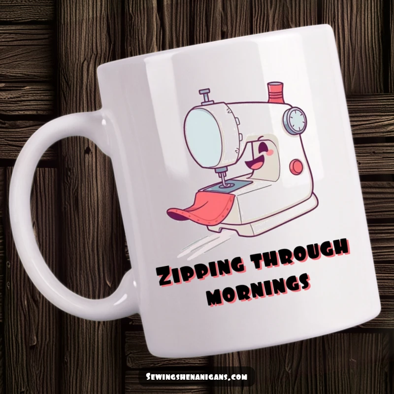 Funny Mug: A mischievous sewing machine character gleefully zooms across fabric, needle a blur, radiating playful energy.