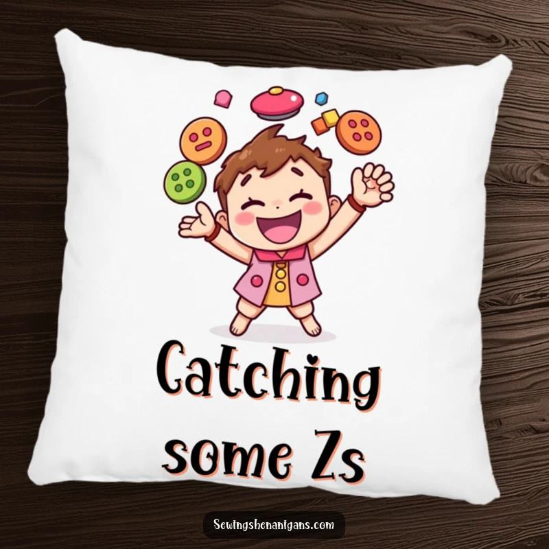 Funny pillow featuring a happy character skillfully juggling colorful buttons, adding a touch of playful crafting humor to any room.