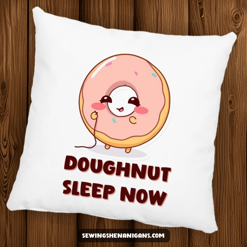 Funny Donut Stitching Pillow: A giggling donut character mending a hole with thread, providing funny comfort and a great gift idea.