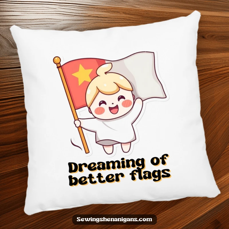 Funny pillow featuring a cheerful character sewing a smiling face onto a waving flag, adding soft humor and positivity to any room.