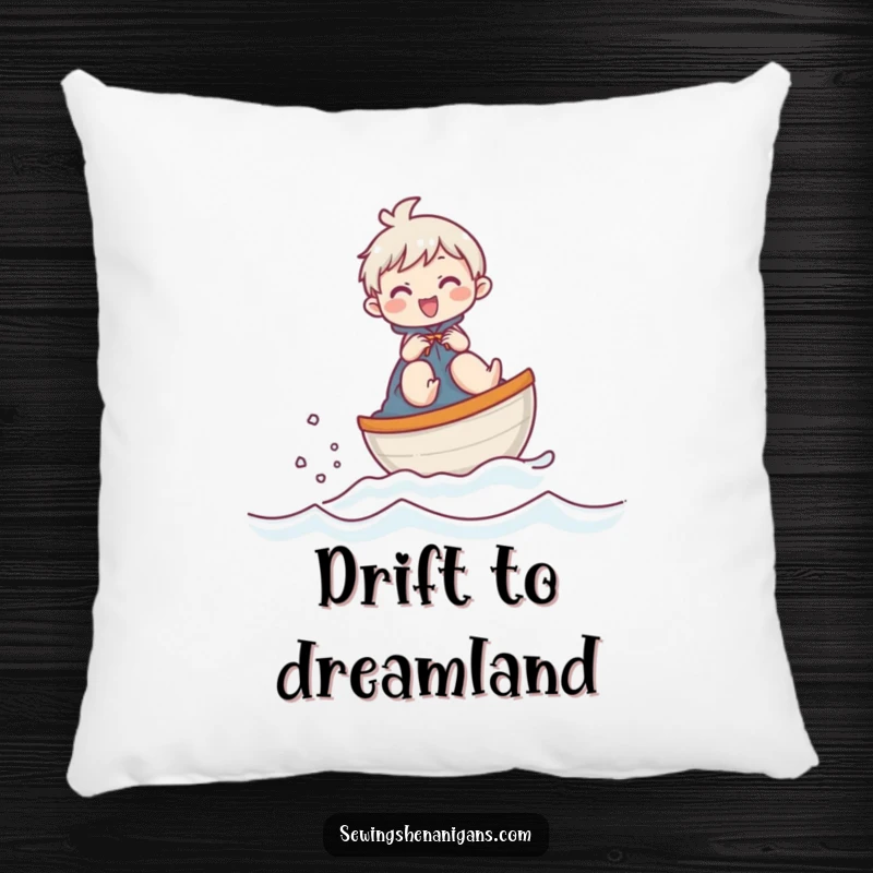 Funny pillow featuring a giggling character adventuring on a thimble boat, adding a touch of whimsical humor to any room.
