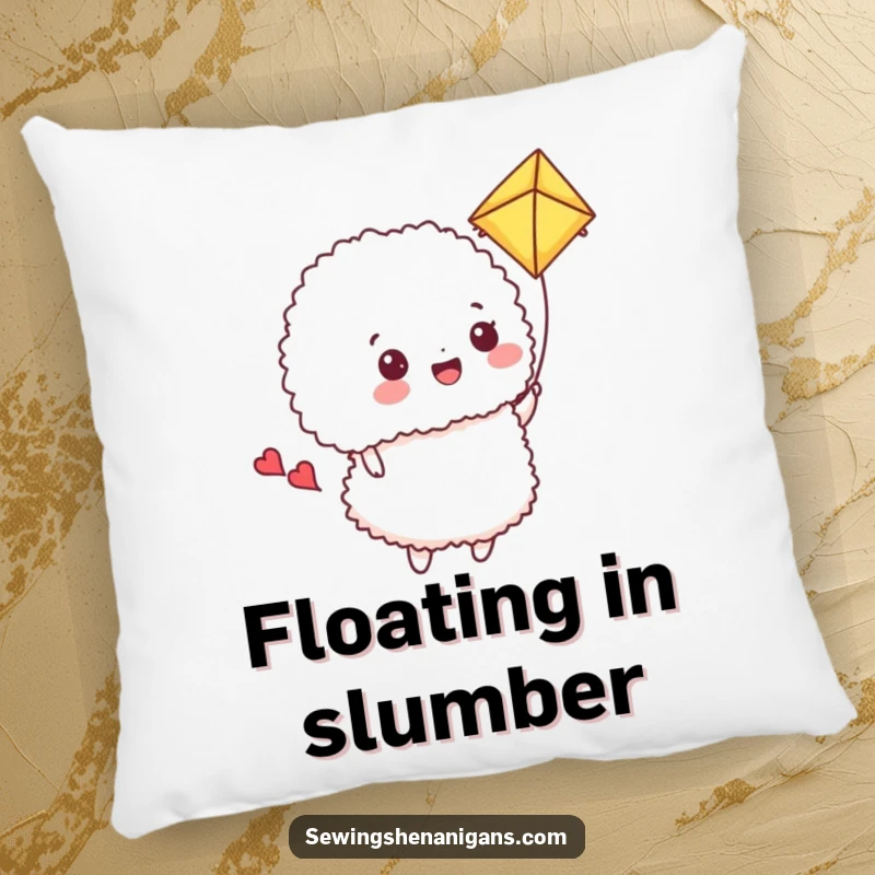 Funny Pillow: A happy pincushion flies a fabric scrap kite, a soft and humorous decorative item.