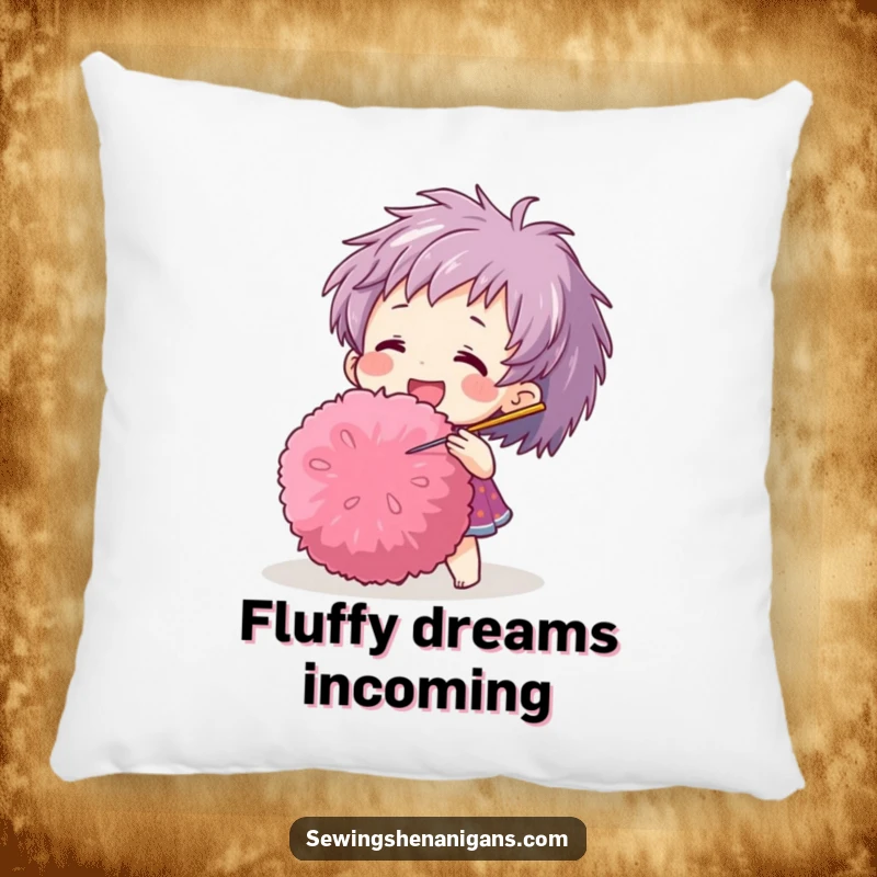 Funny pillow featuring a cheerful character playfully interacting with a large pom-pom using a needle, soft and humorous.