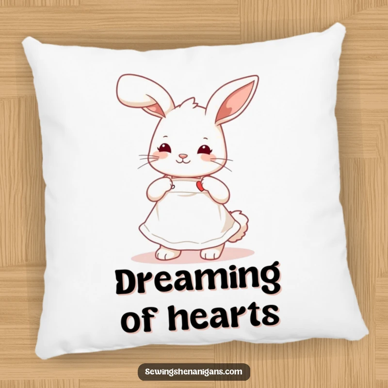Funny playful bunny wearing a cute apron, stitching a tiny heart, a soft and humorous pillow for crafters.