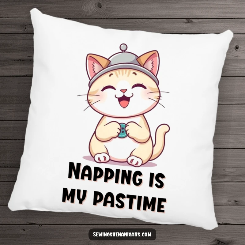 Funny cat wearing a thimble hat, sewing a button, a soft and humorous pillow for cat and craft enthusiasts.