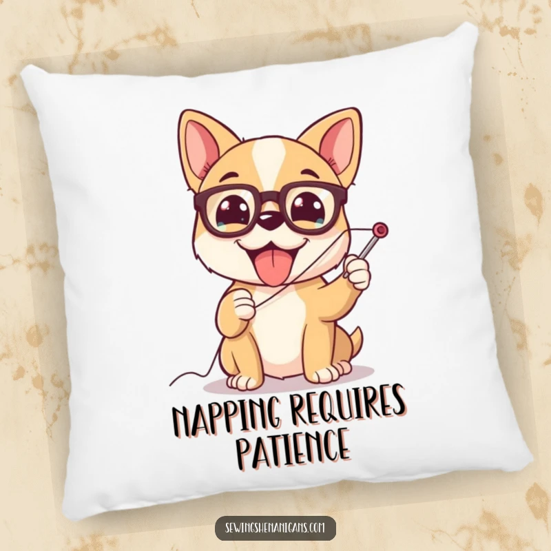Funny dog wearing glasses, struggling to thread a giant needle, a soft and humorous pillow for crafters.