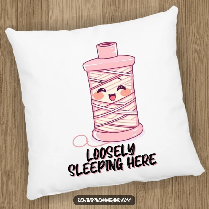 Funny Pillow: A spool of thread unravels with uncontrollable giggles, a soft and humorous decorative item.