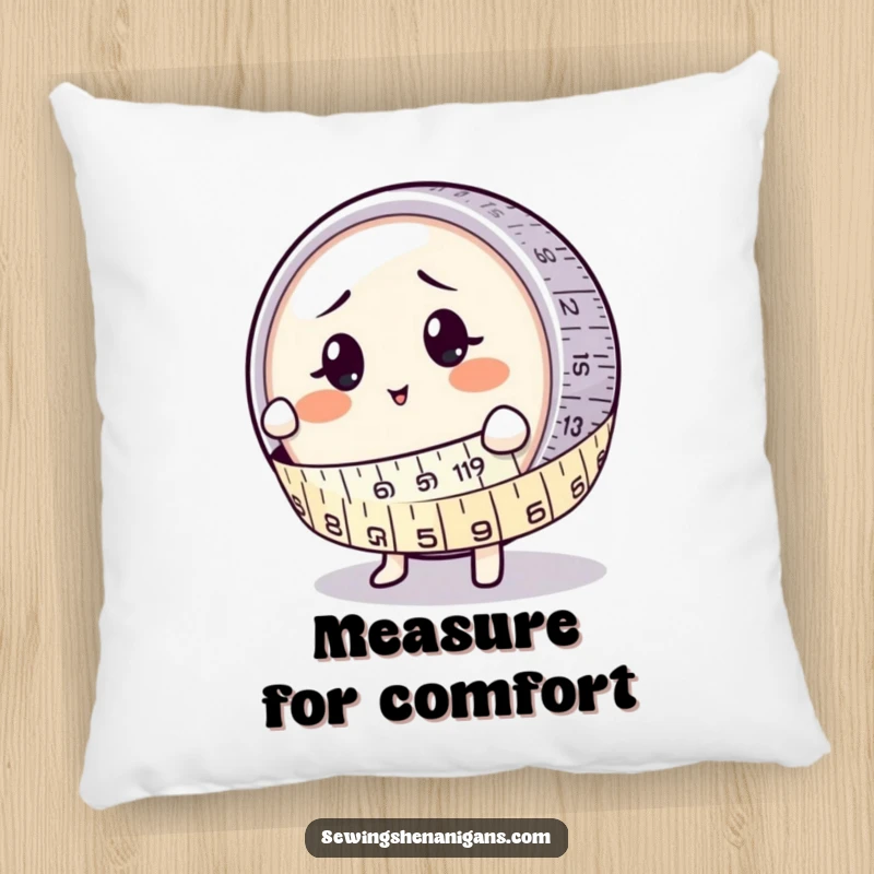 Funny Pillow: A measuring tape character in a comical hug with a bewildered button, adding humor to any room.