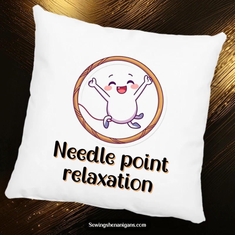 Funny needle character pillow leaping through a thread hoop, offering comfort and playful humor for sewing lovers and as a unique funny gift.