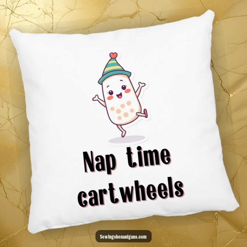 Funny thimble character pillow doing a cartwheel, offering comfort and playful humor for sewing lovers and as a unique funny gift.