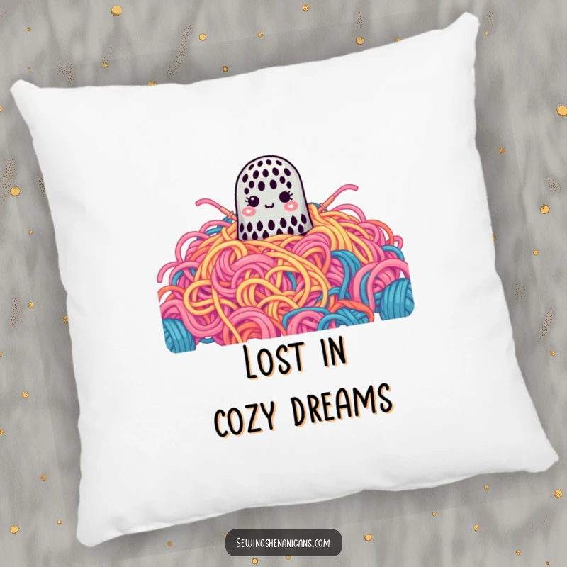 Funny Pillow: A cute thimble is lost in a gigantic pile of colorful yarn, a soft and humorous accent.