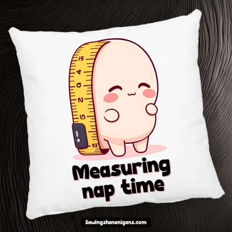Funny pillow showcasing a measuring tape character comically attempting to measure its own short length, a cozy and humorous accent piece.