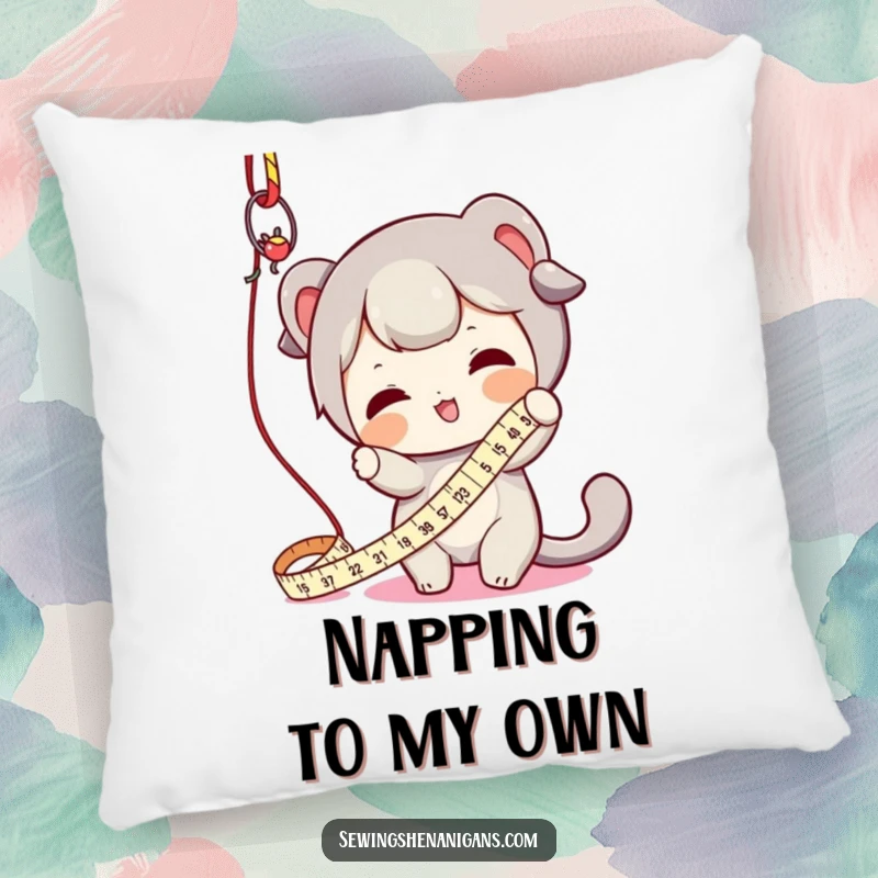 Funny pillow depicting a character playfully batting at a dangling measuring tape, bringing cheerful crafting humor to any seating area.