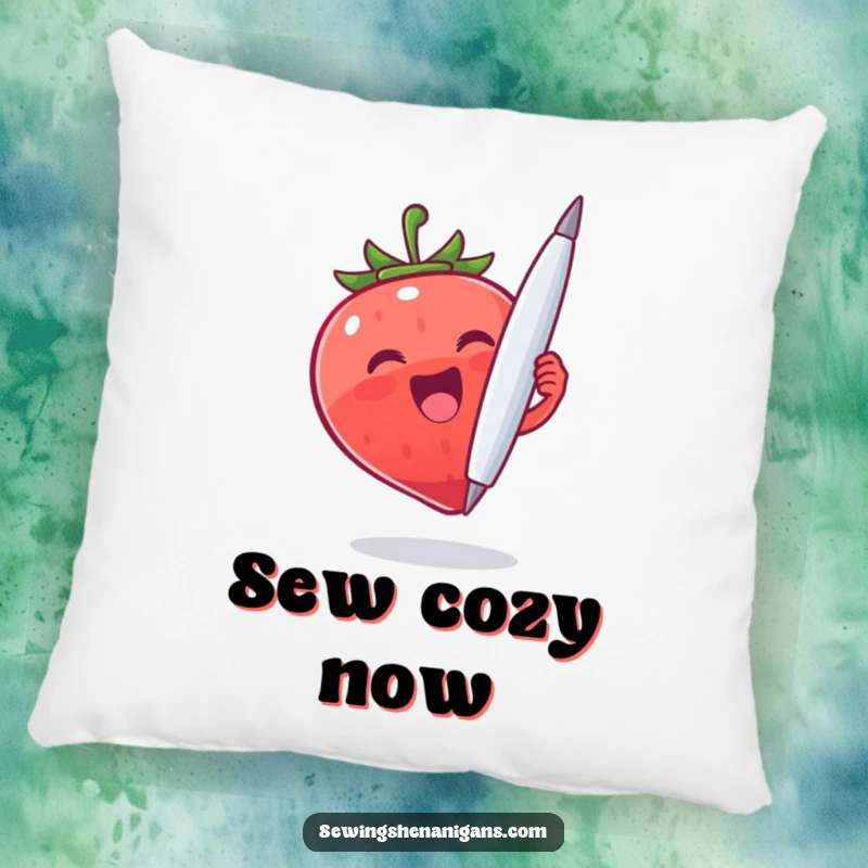 Funny Strawberry Needle Pillow: An excited strawberry character holding a giant needle, providing funny comfort and a great gift idea.