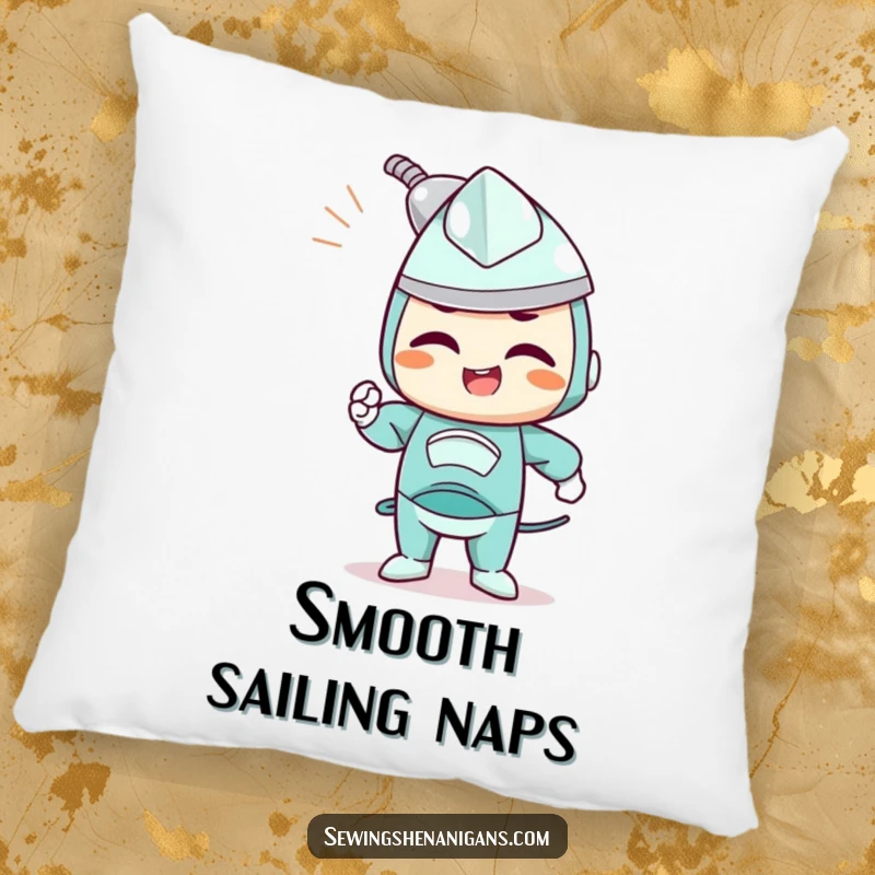 Funny pillow with a determined iron character joyfully smoothing out wrinkles, offering comfort and tidy charm.