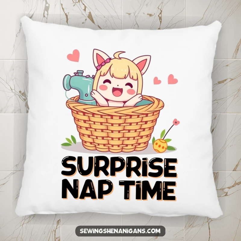 Funny Sewing Basket Pillow: A character pops from a sewing basket, offering comfort and a touch of crafty surprise.