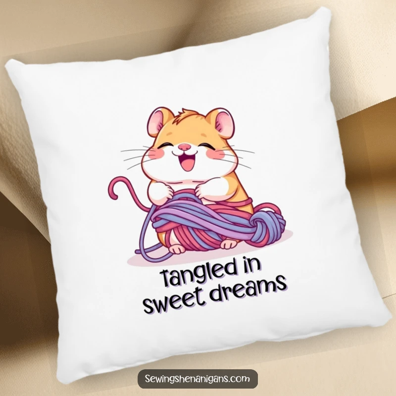 Funny giggling hamster tangled in yarn, happily unravelling it, a soft and humorous pillow for crafters.