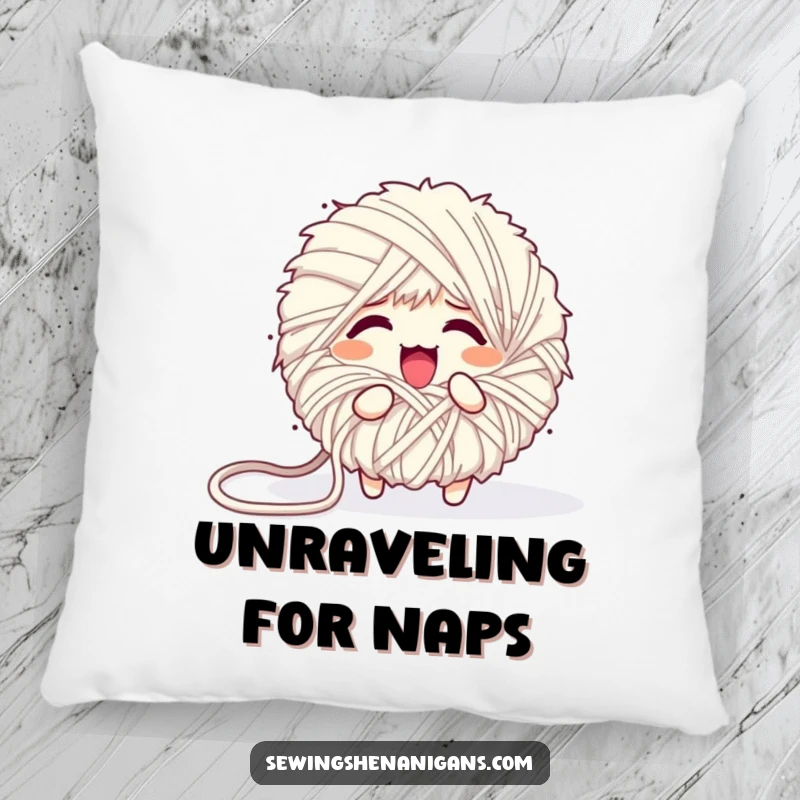 Funny pillow showcasing a fluffy yarn ball character comically unraveling into a mess, a cozy and humorous accent piece.