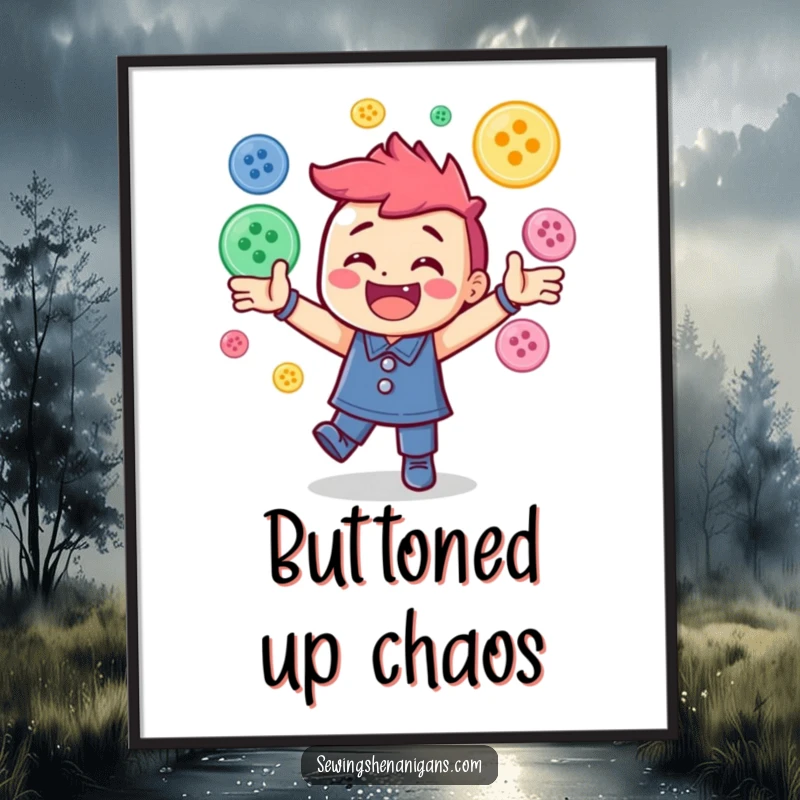 Funny digital art print of a cheerful character energetically juggling many colorful sewing buttons, suitable for printing at home.