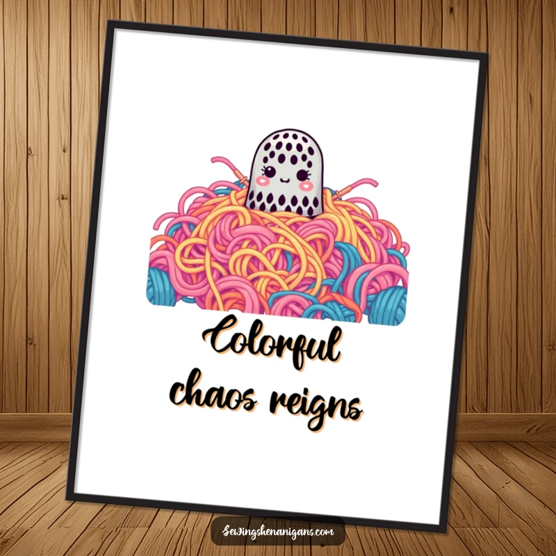 Funny Digital Art Print: A cute thimble is lost in a gigantic pile of colorful yarn, a humorous illustration.