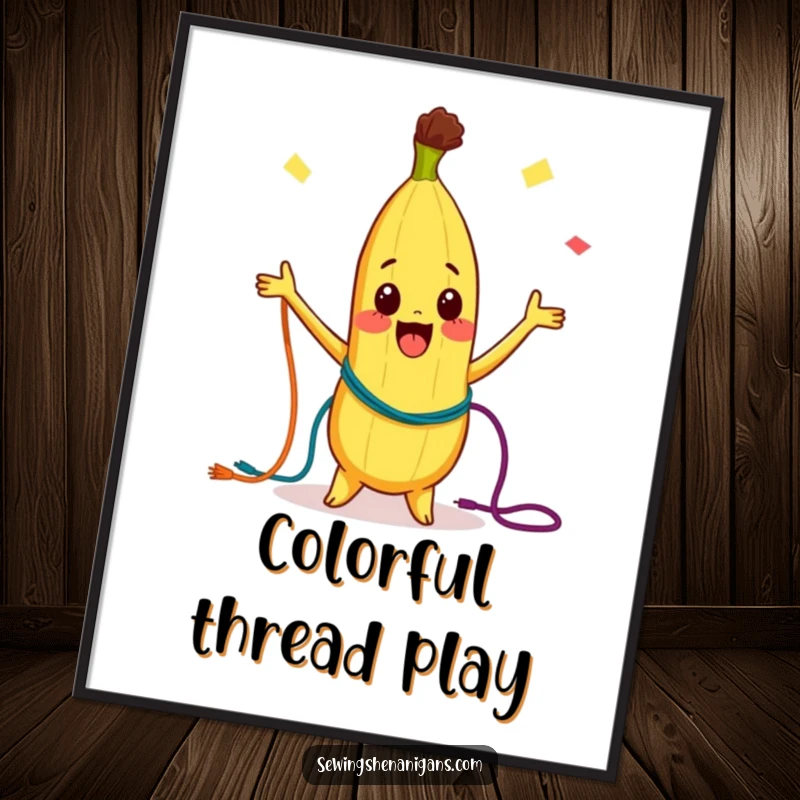 Funny Digital Art Print: A curious banana character joyfully juggling colorful threads, perfect for adding whimsical charm and fun to walls.