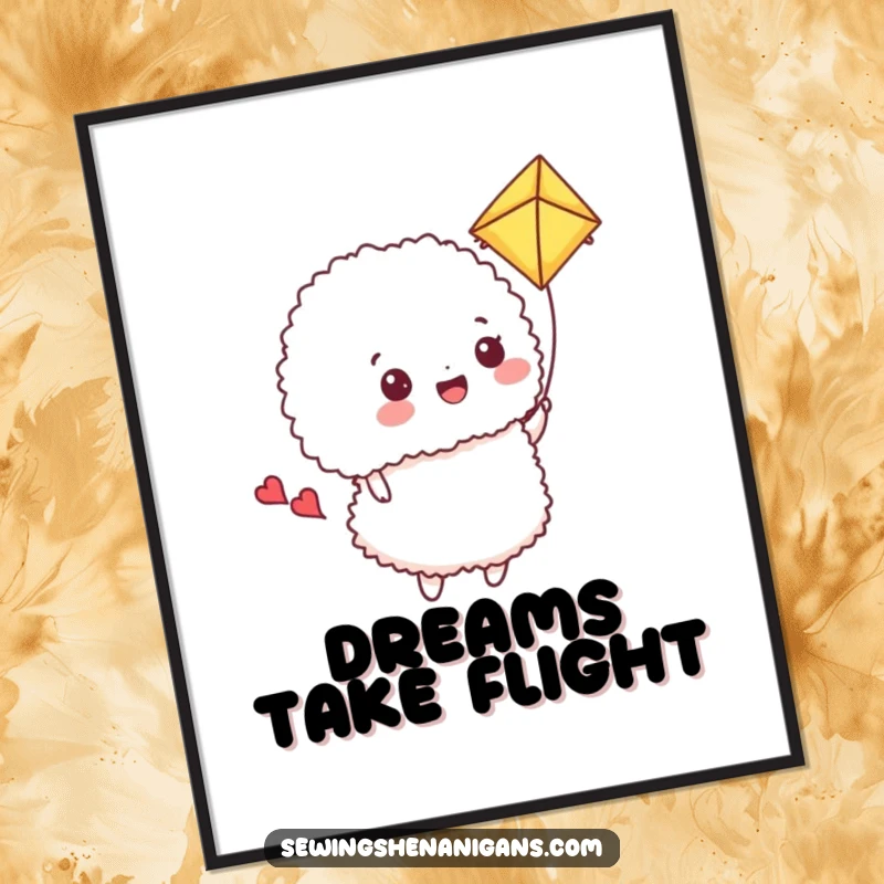 Funny Digital Art Print: A happy pincushion flies a fabric scrap kite, a whimsical and humorous sewing illustration.