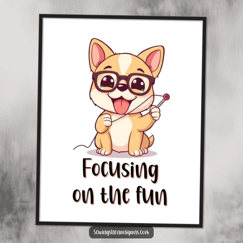 Funny dog wearing glasses, struggling to thread a giant needle, a charming digital art print for crafters.
