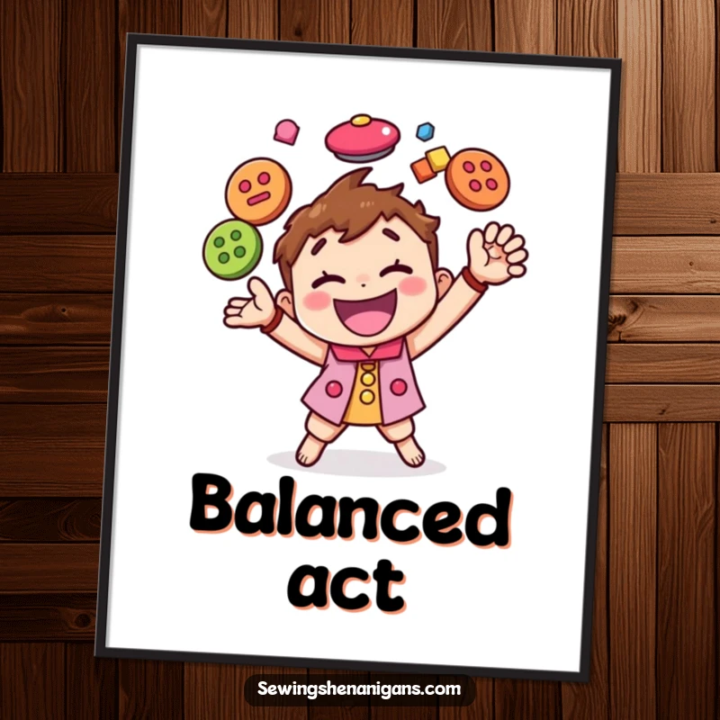 Funny digital art print of a happy character energetically juggling numerous colorful buttons, creating a lively and humorous visual display.