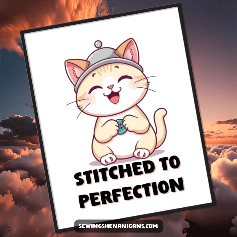 Funny cat wearing a thimble hat sewing a button, a charming digital art print for craft enthusiasts.